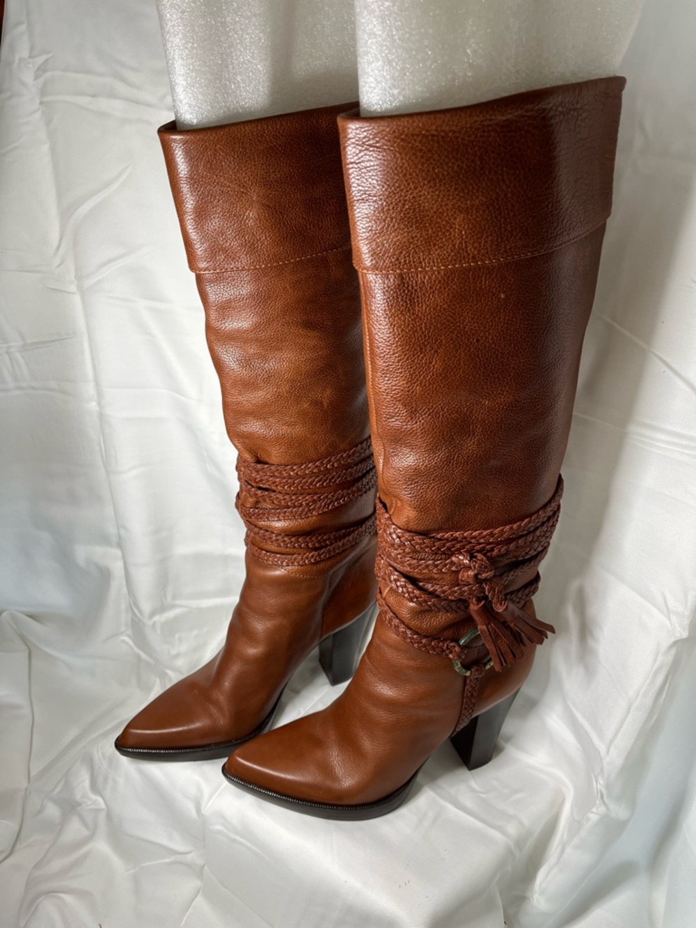 Vintage Vince Camuto Cognac Leather Braided-Accent Knee Boots - Picture 3 of 8